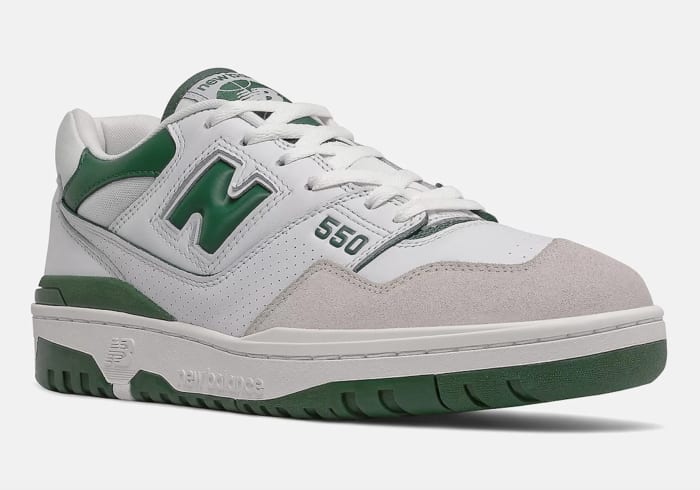 White and green New Balance 550 shoes.